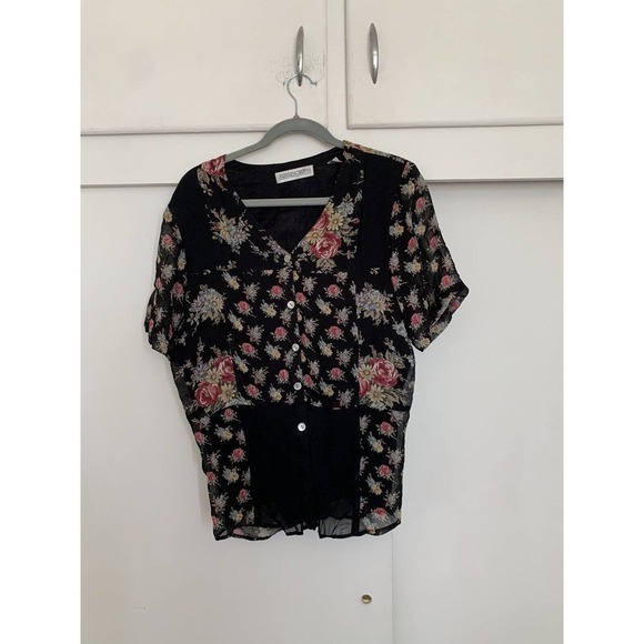 Amanda Smith‎ Size Small Black Floral Vintage Short Sleeve Women's Tops - Picture 1 of 6